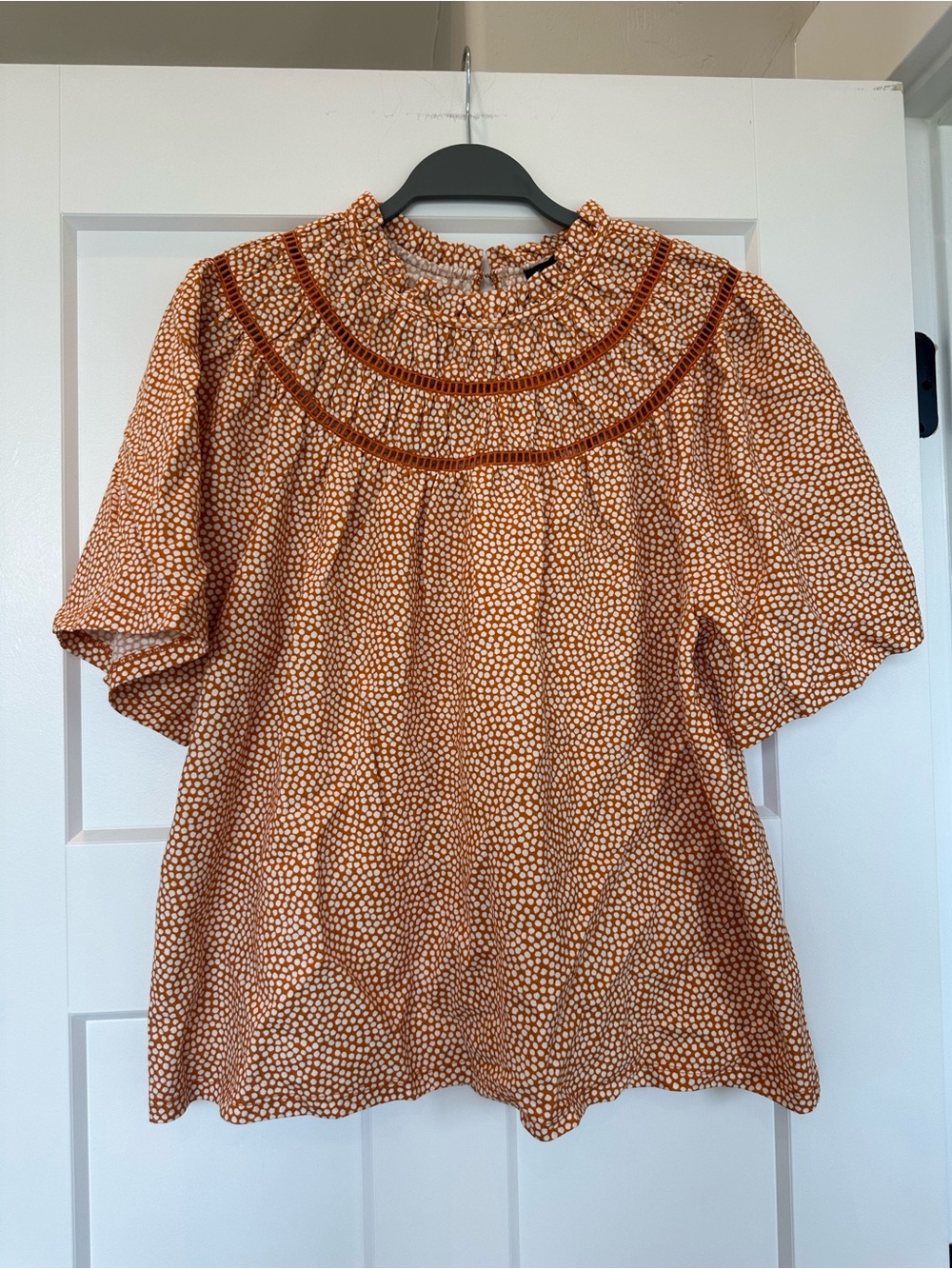 Ann Taylor Rust Dot Smocked Yoke Puff Sleeve Blouse